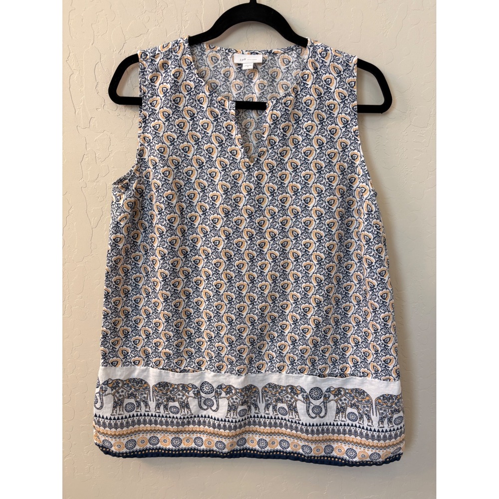 J.Jill Love Linen Sleeveless Top Elephant Print Keyhole Neckline Pockets‎ Size M